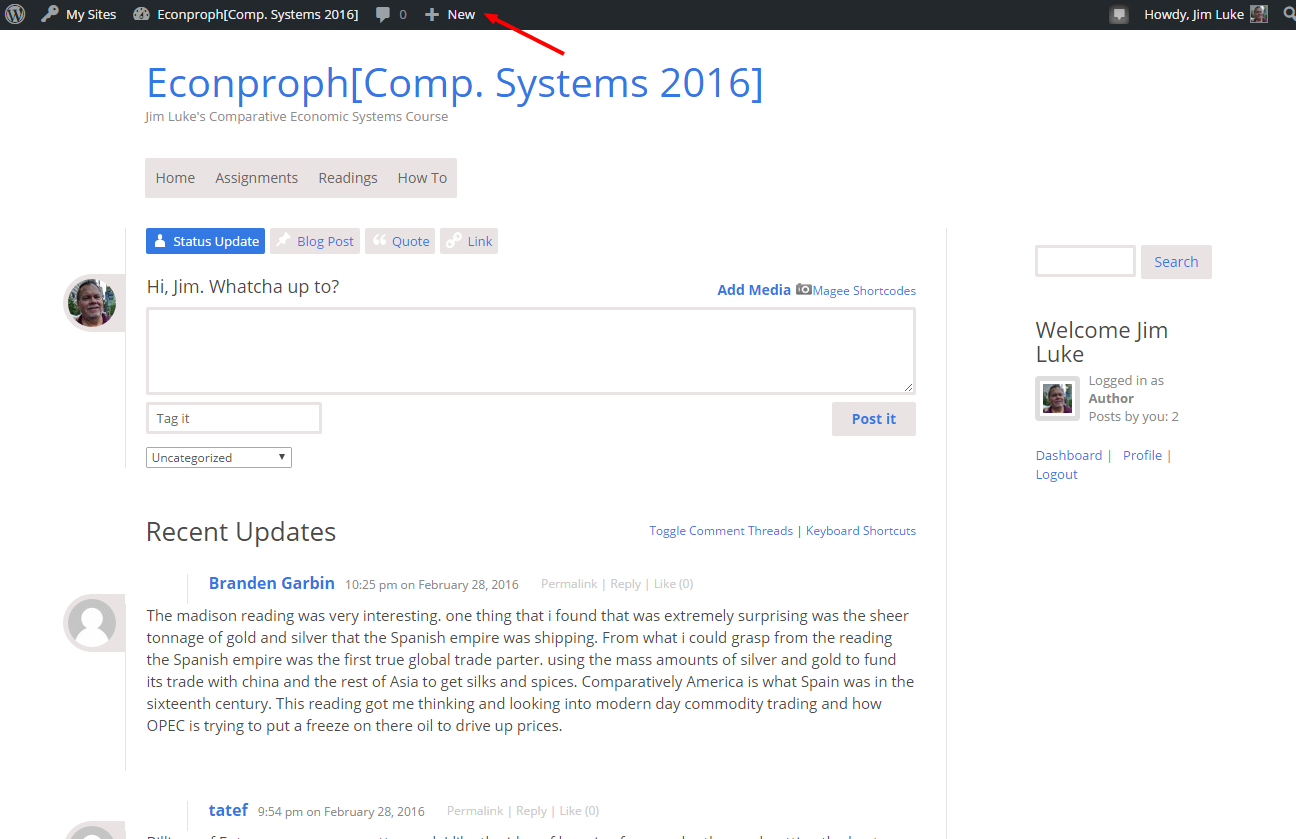 Screen shot of compsys16.ecoproph.net site after login, arrow points to 