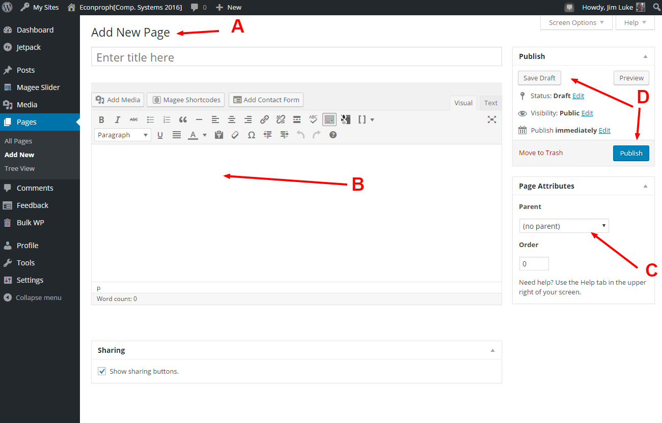 screen shot of create page screen. Title, body, page attribution menu, and pubish button highlighted.